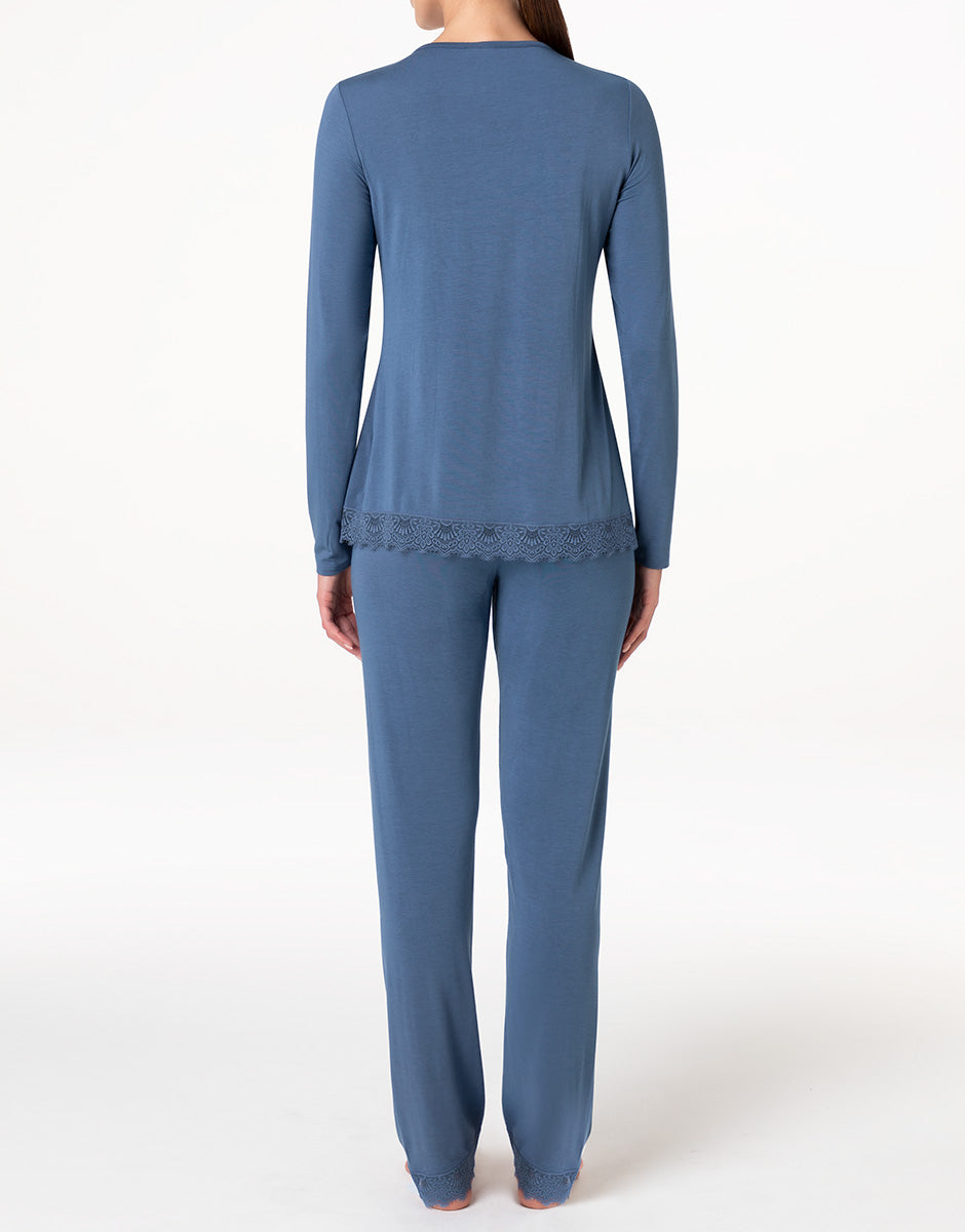 Lovable Elegant Modal pigiama lungo blu polvere in modal
