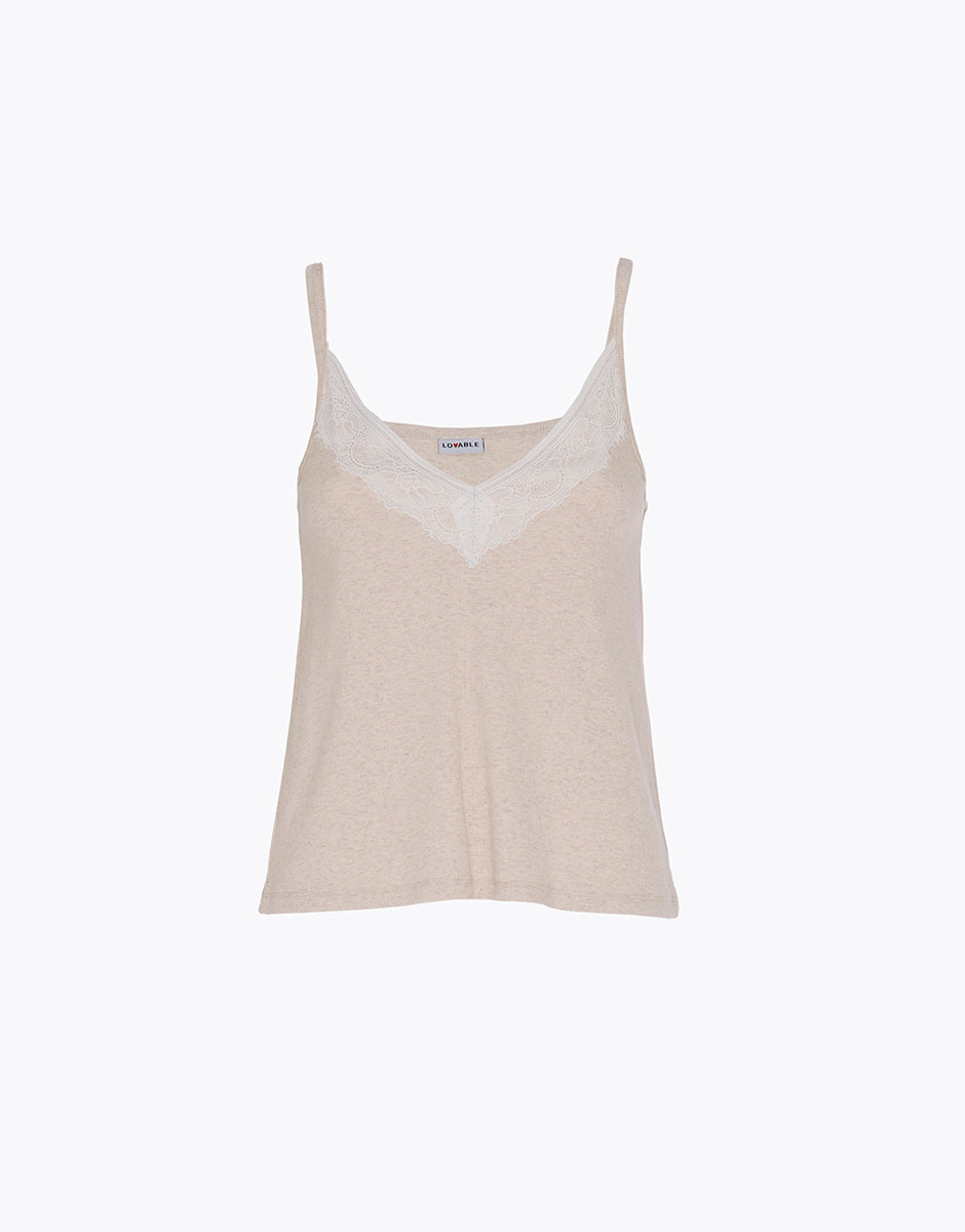 Lovable top spalline cotone a costine beige melange scollo pizzo