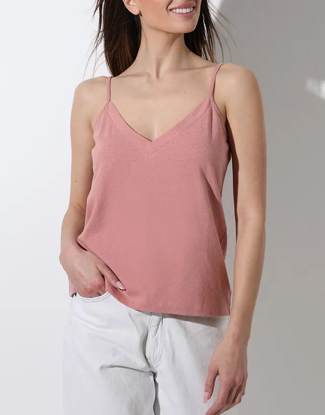 Lovable Cotton Linen top scollo V rosa polvere