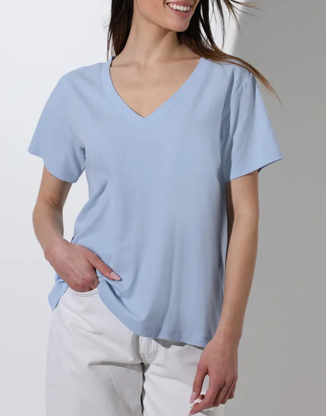 Lovable Cotton Linen maglia manica corta scollo V azzurro