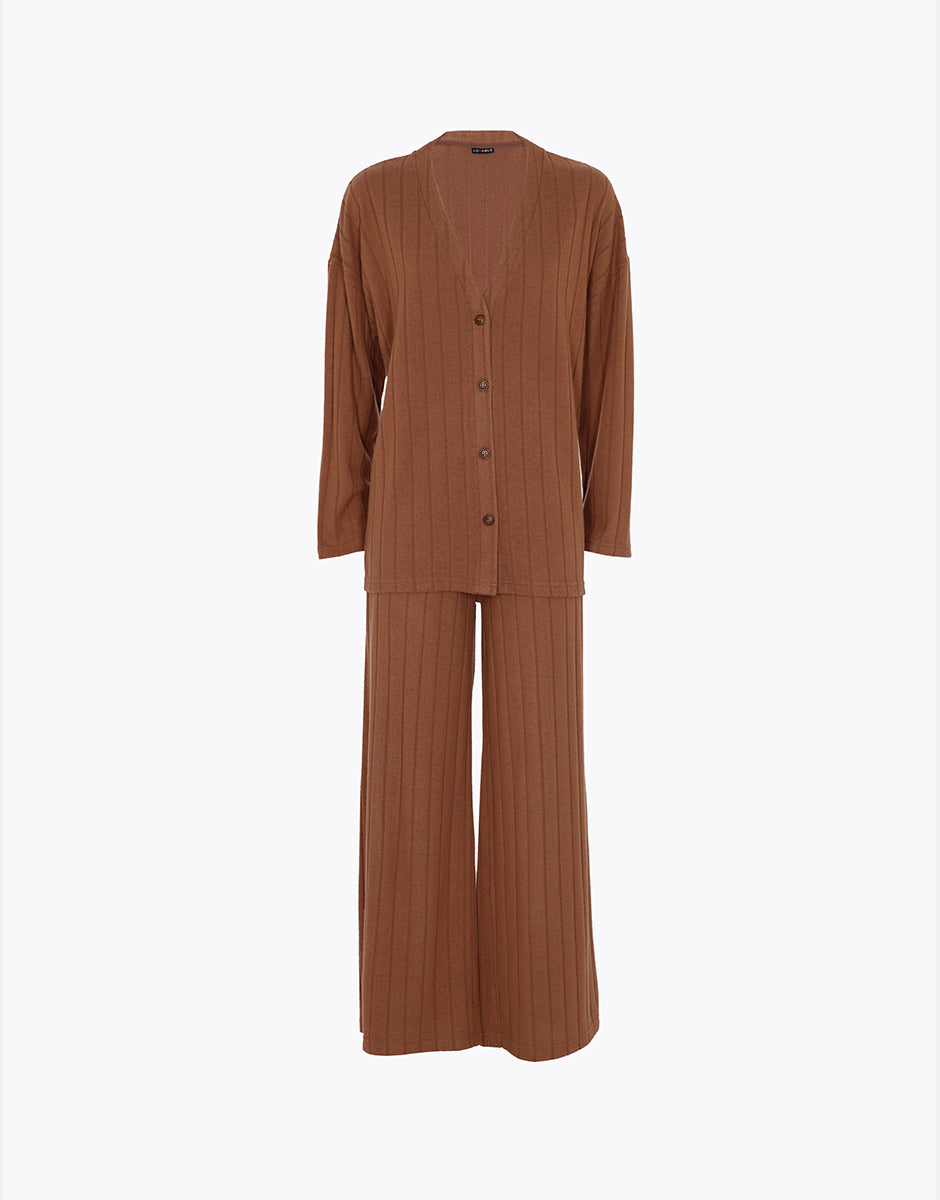 Lovable Homewear cardigan e pantalone marrone ambrato a costine