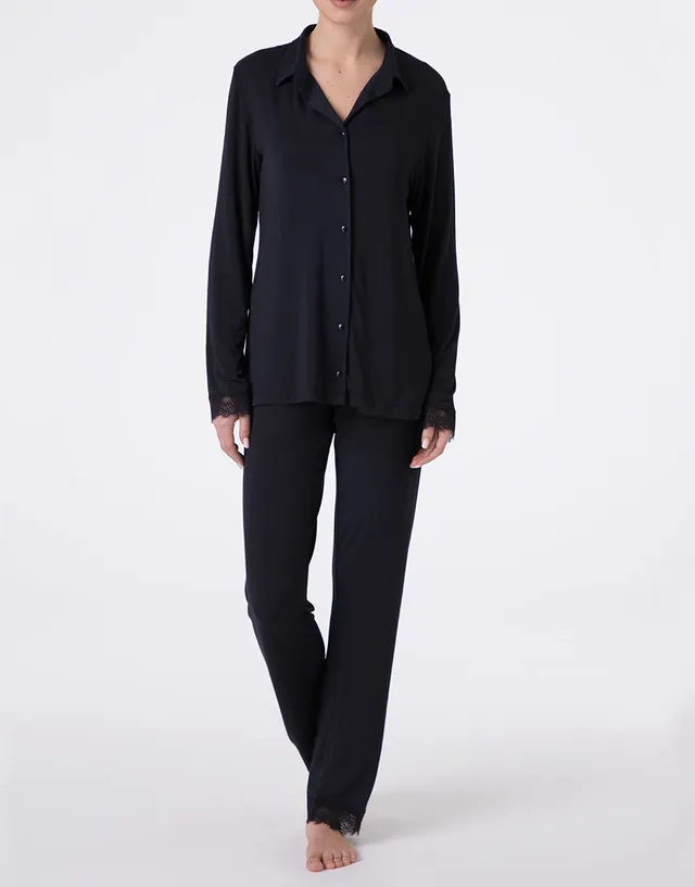Lovable Elegant Modal pigiama lungo aperto nero con pizzo