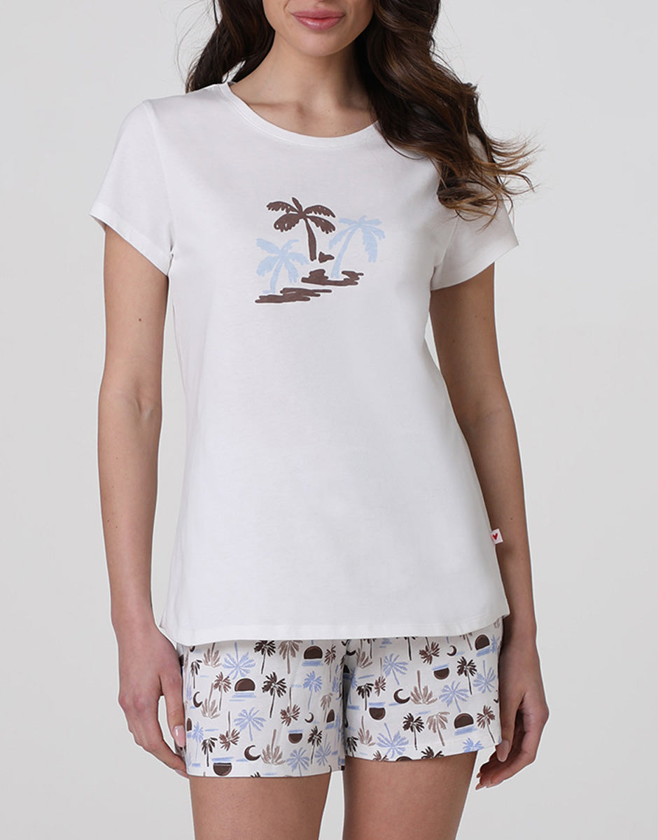 Lovable Pigiama Corto Jersey Donna bianco latte palme cotone