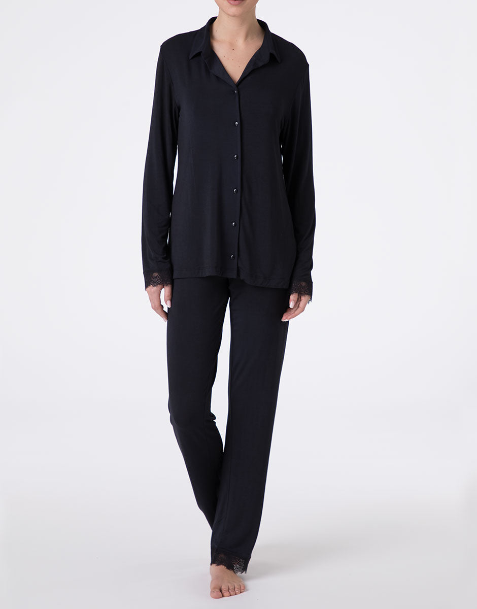 Lovable Elegant Modal pigiama lungo aperto nero con pizzo