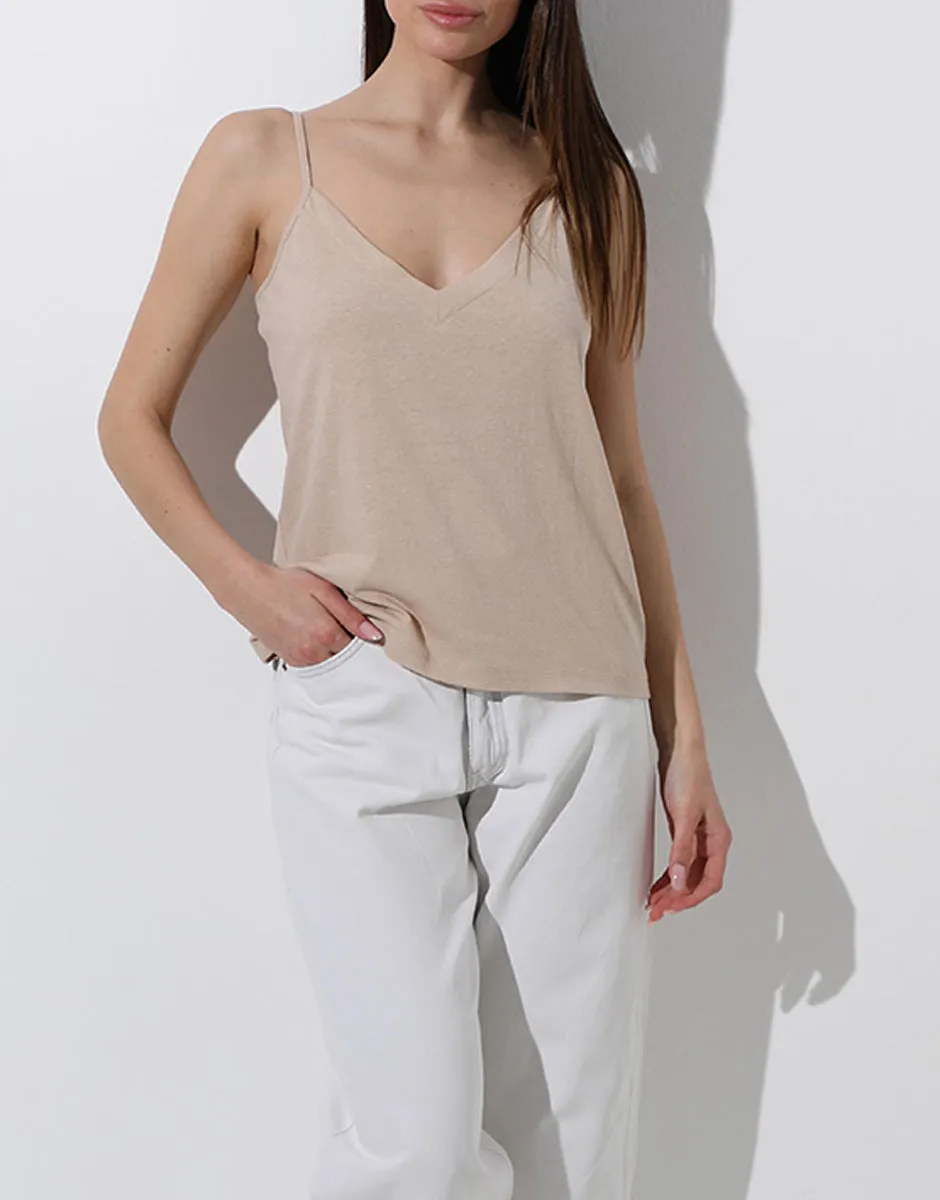 Lovable Cotton Linen top scollo a V cappuccino cotone e lino fresco
