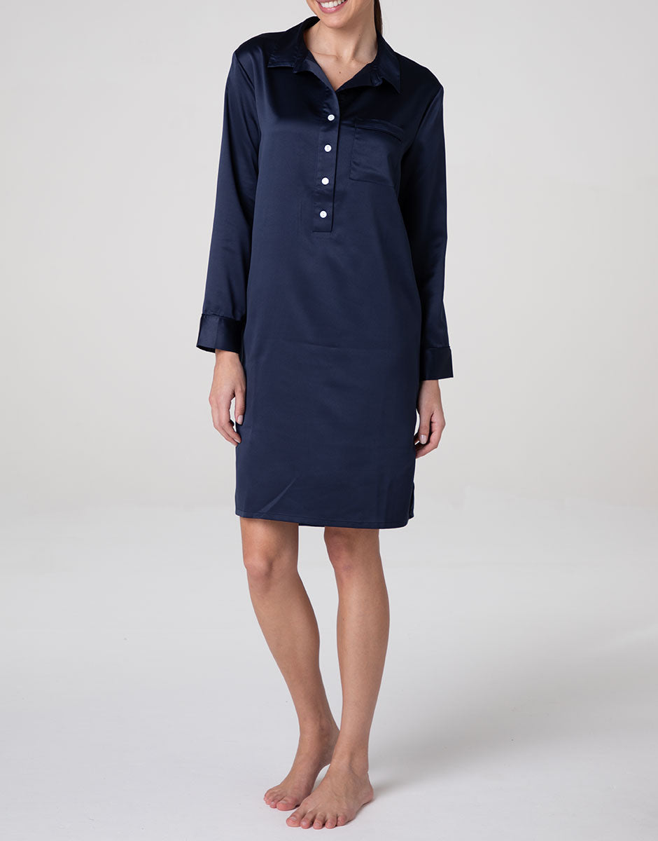Lovable Satin Serafino camicia da notte manica lunga blu navy