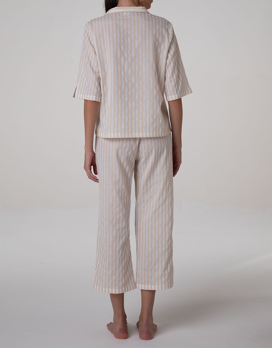 Lovable pigiama aperto cotone righe bianco crema maniche 3/4