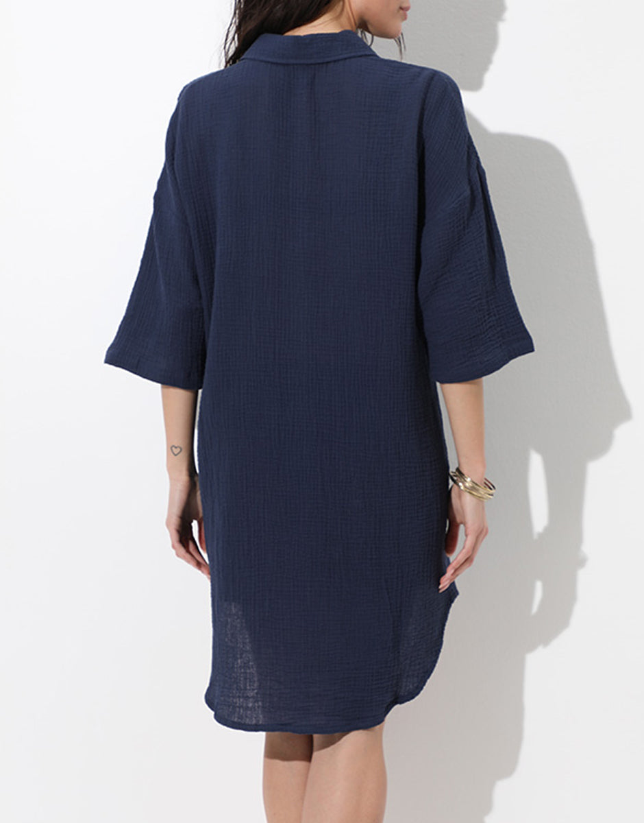 Abito camicia mare cotone blu notte maniche 3/4