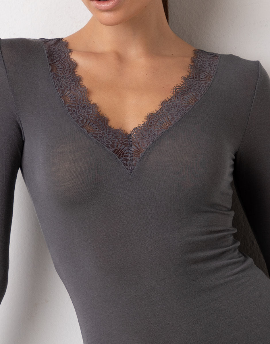 Lovable Ultralight and Warm Maglia Scollo V Grigio Pizzo
