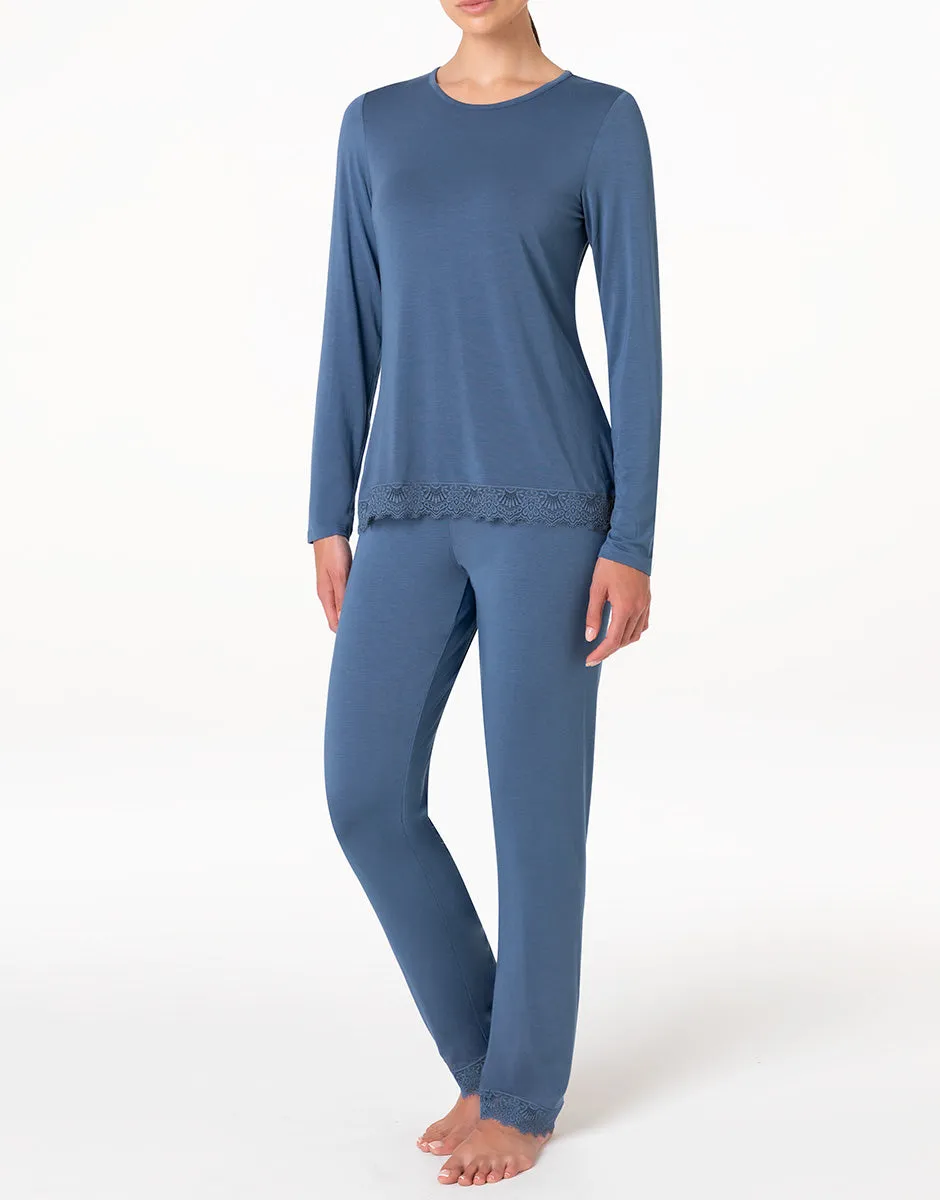 Lovable Elegant Modal pigiama lungo blu polvere in modal