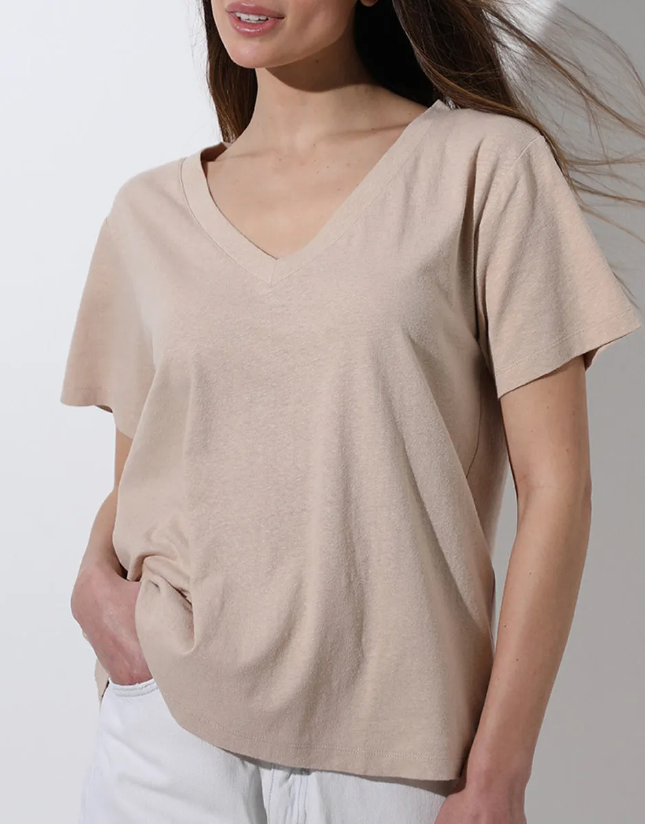 Lovable Cotton Linen maglia scollo a V cappuccino in cotone lino