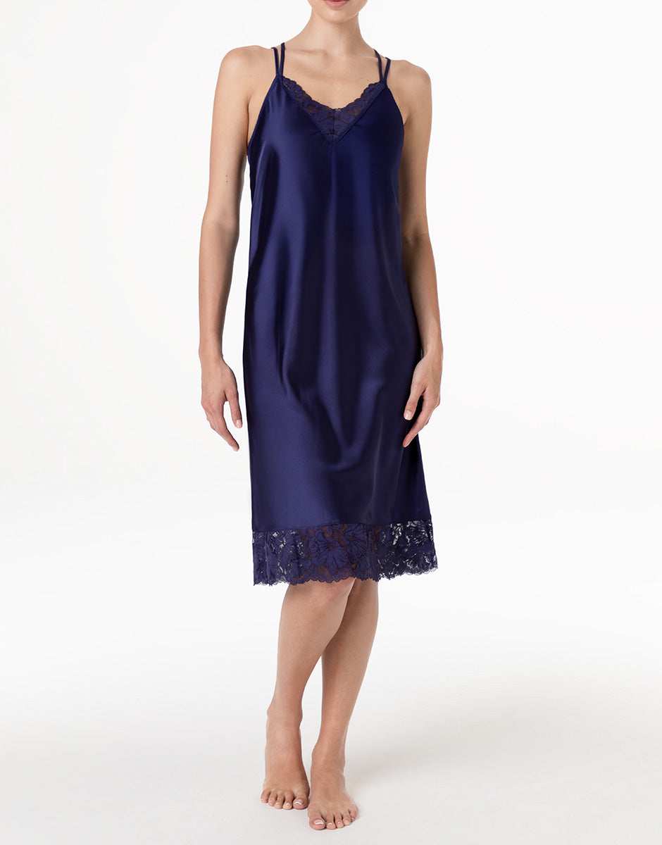 Lovable sottoveste satin pizzo blu notte spalline incrociate