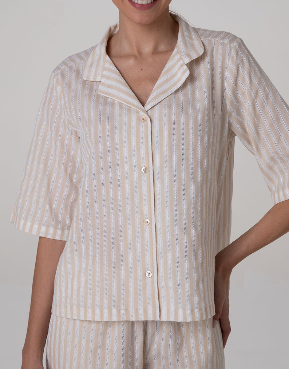 Lovable pigiama aperto cotone righe bianco crema maniche 3/4