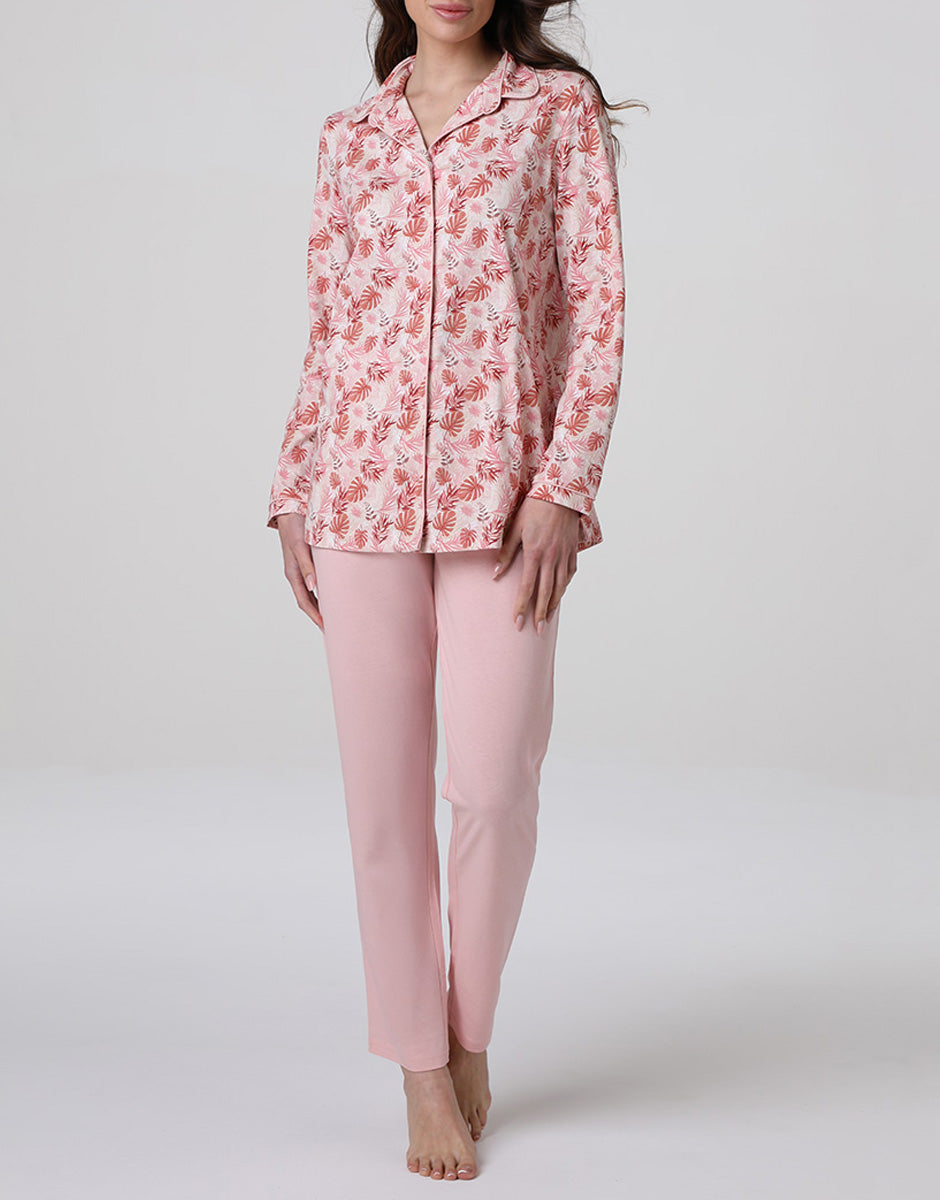 Lovable pigiama lungo aperto jersey rosa polvere stampato cotone