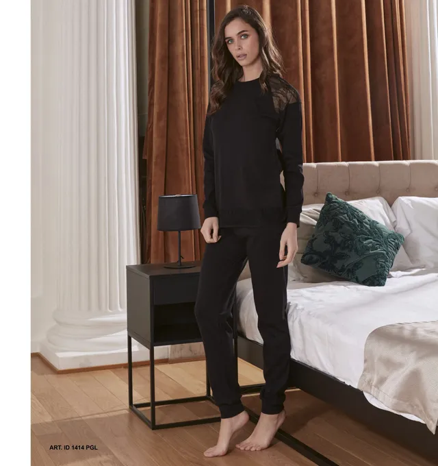 Intimami pigiama donna lungo interlock nero con laize
