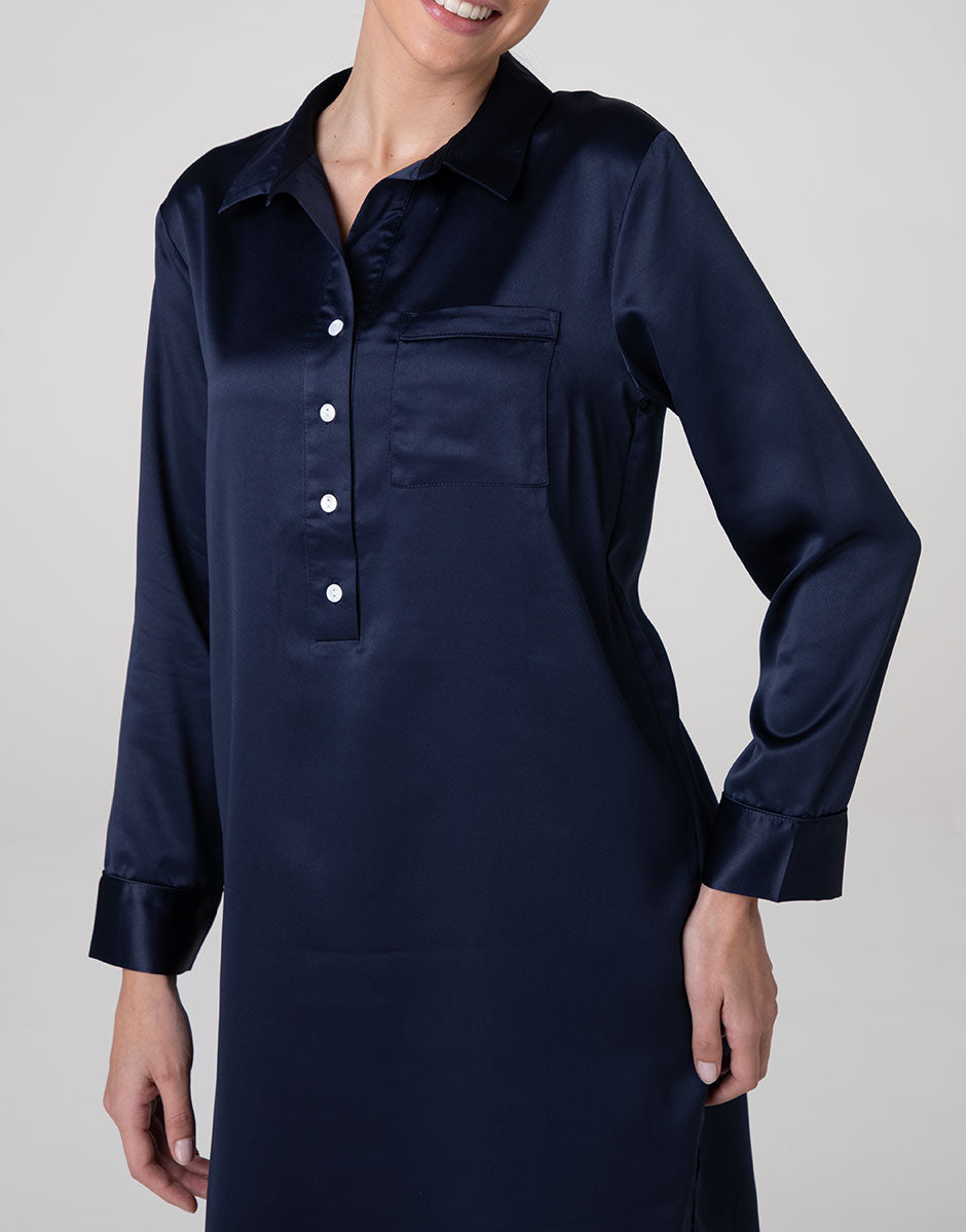 Lovable Satin Serafino camicia da notte manica lunga blu navy