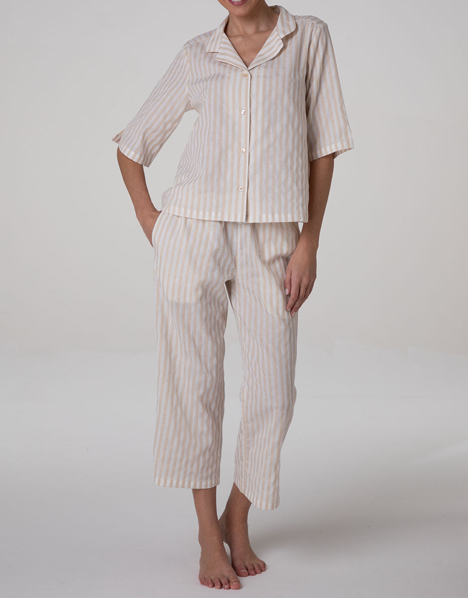 Lovable pigiama aperto cotone righe bianco crema maniche 3/4