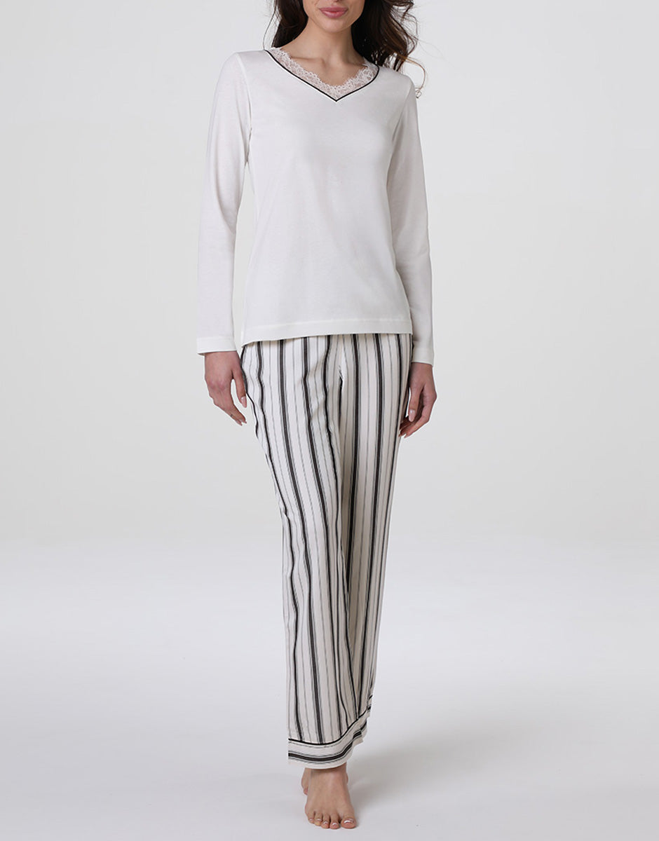 Lovable Lifewear Scollo a V pigiama lungo bianco latte modal