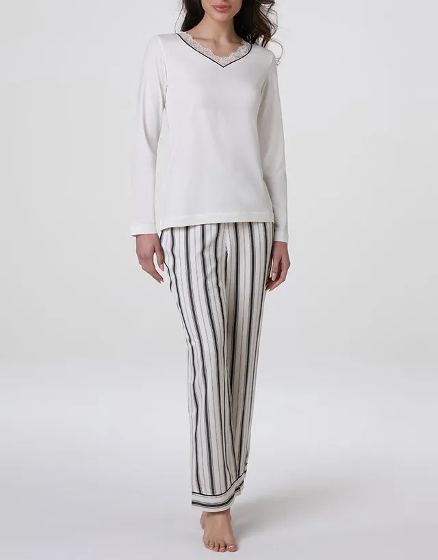 Lovable Lifewear Scollo a V pigiama lungo bianco latte modal