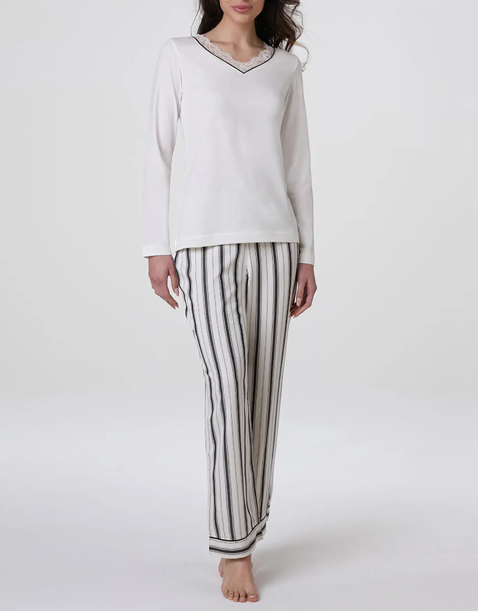 Lovable Lifewear Scollo a V pigiama lungo bianco latte modal