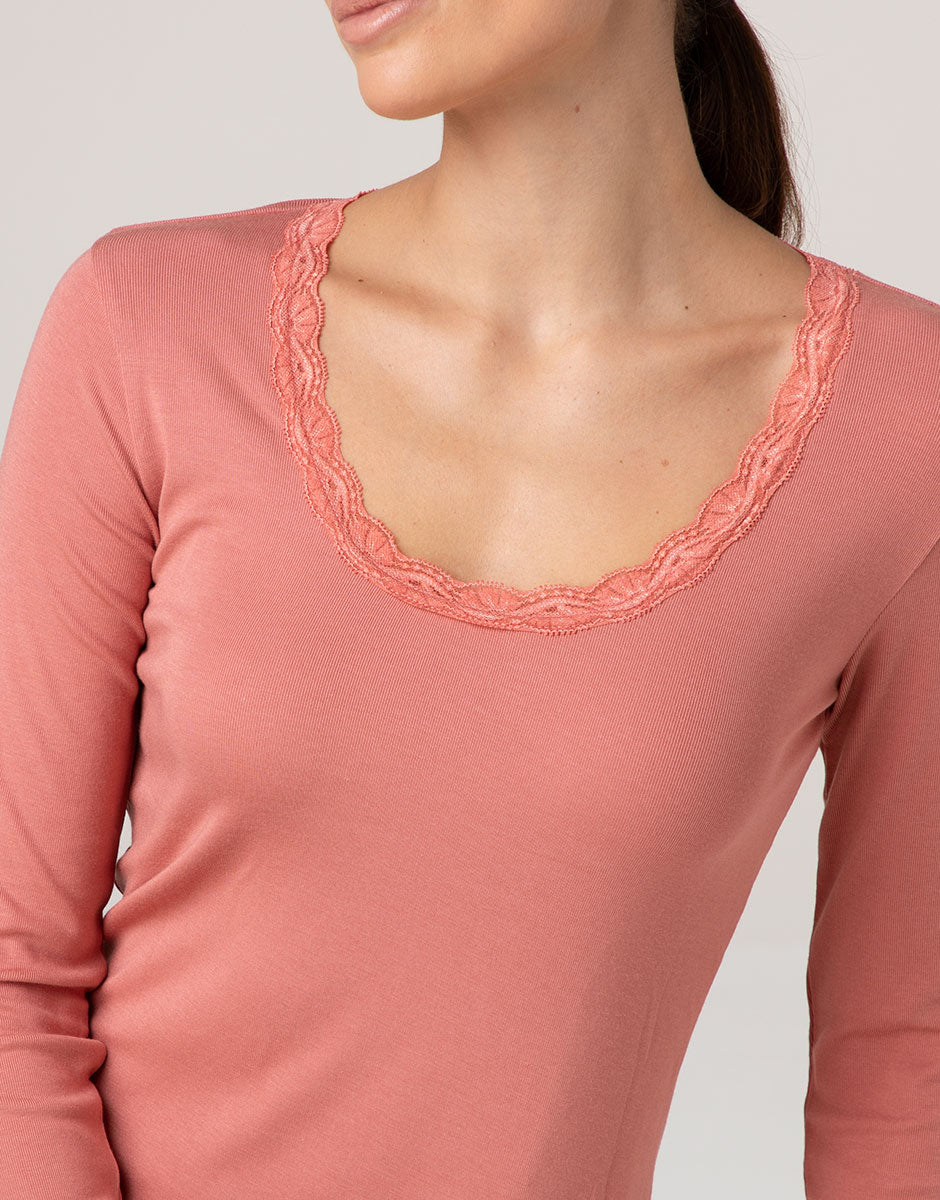 Lovable Warm Modal and Silk maglia manica lunga pizzo terracotta