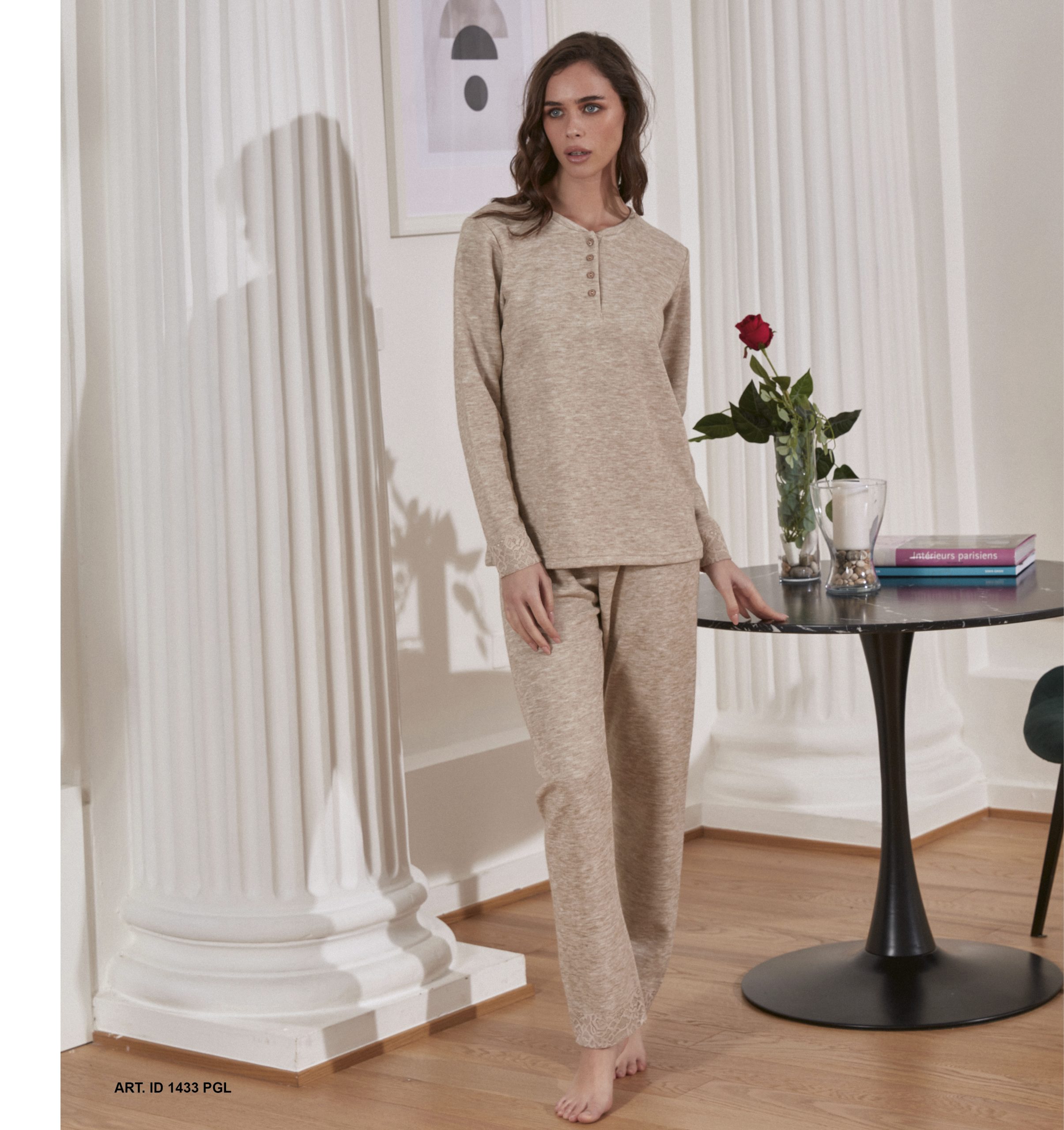 Intimami pigiama lungo donna caldo con pizzo beige