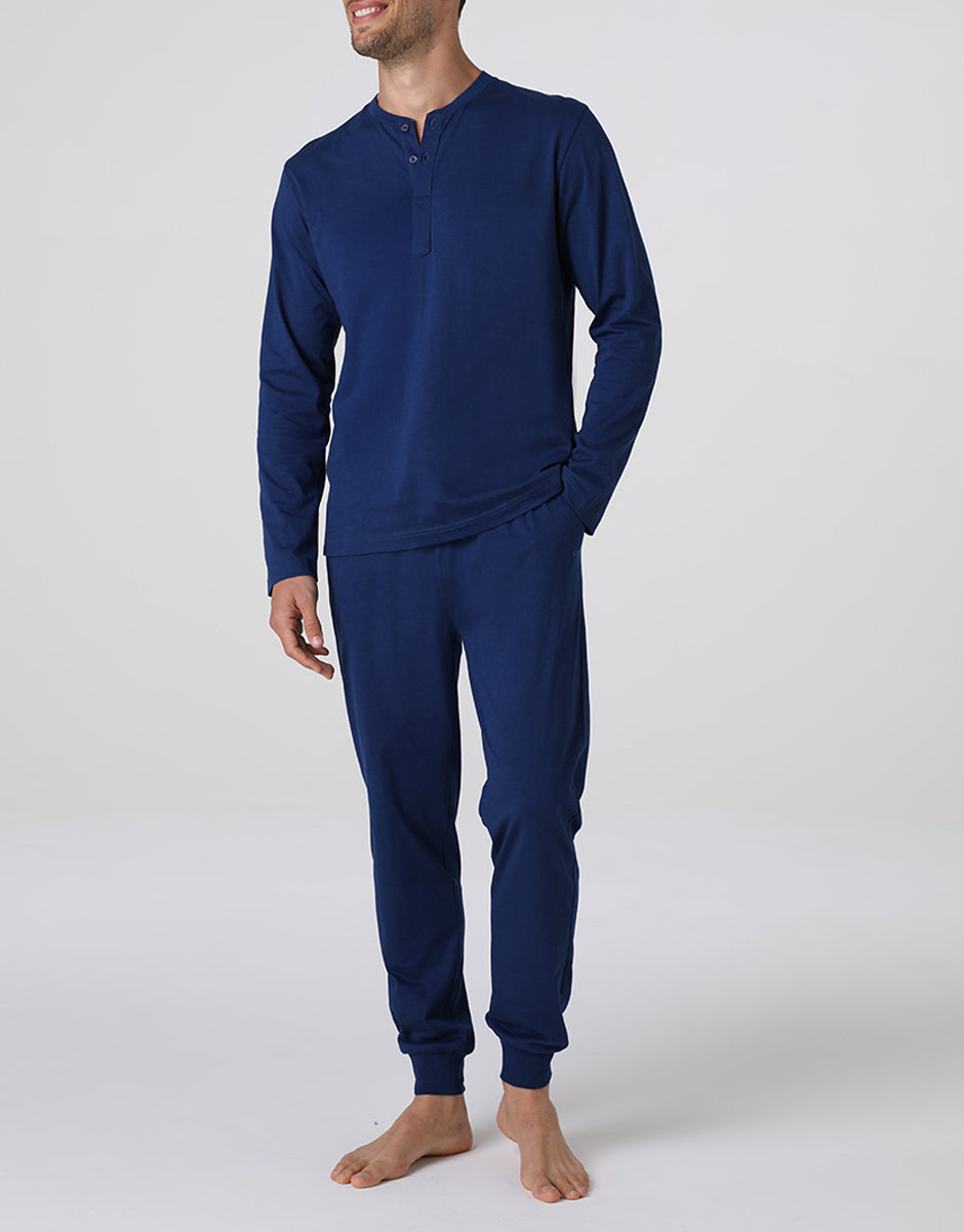 Lovable Man Serafino Pigiama Lungo Uomo Blu Jersey