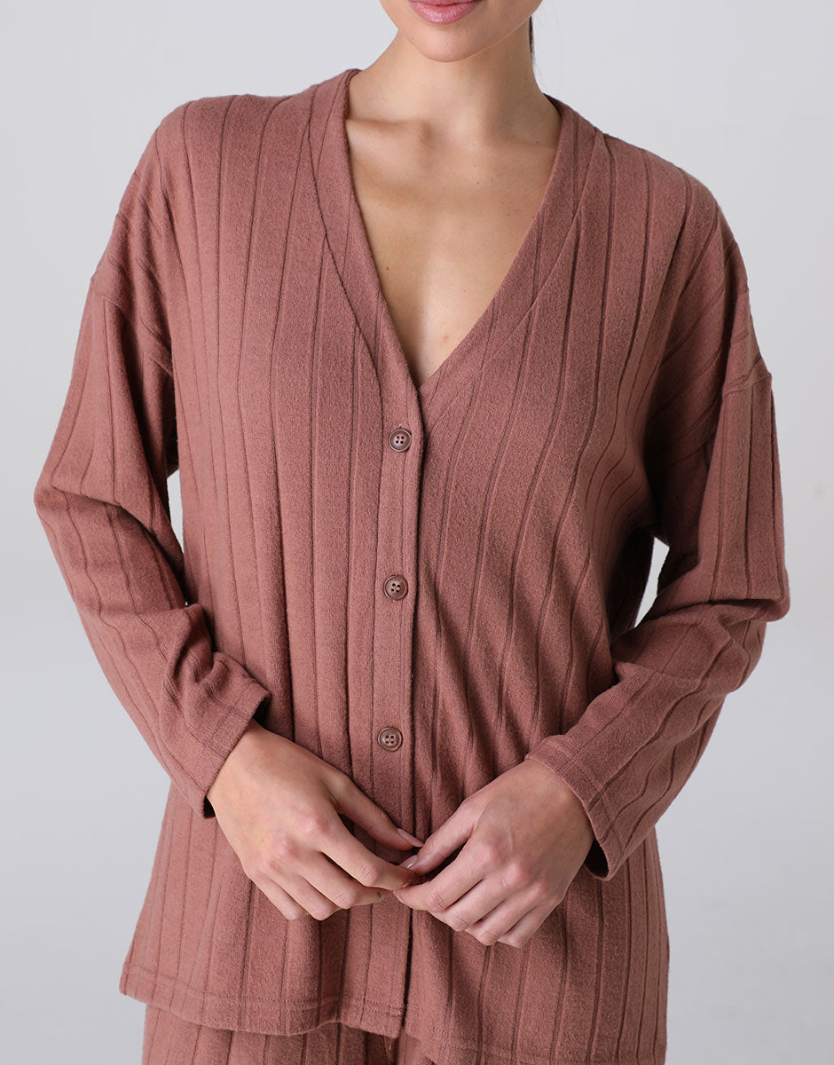 Lovable Homewear cardigan e pantalone marrone ambrato a costine