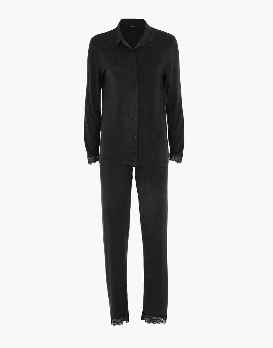 Lovable Elegant Modal pigiama lungo aperto nero con pizzo