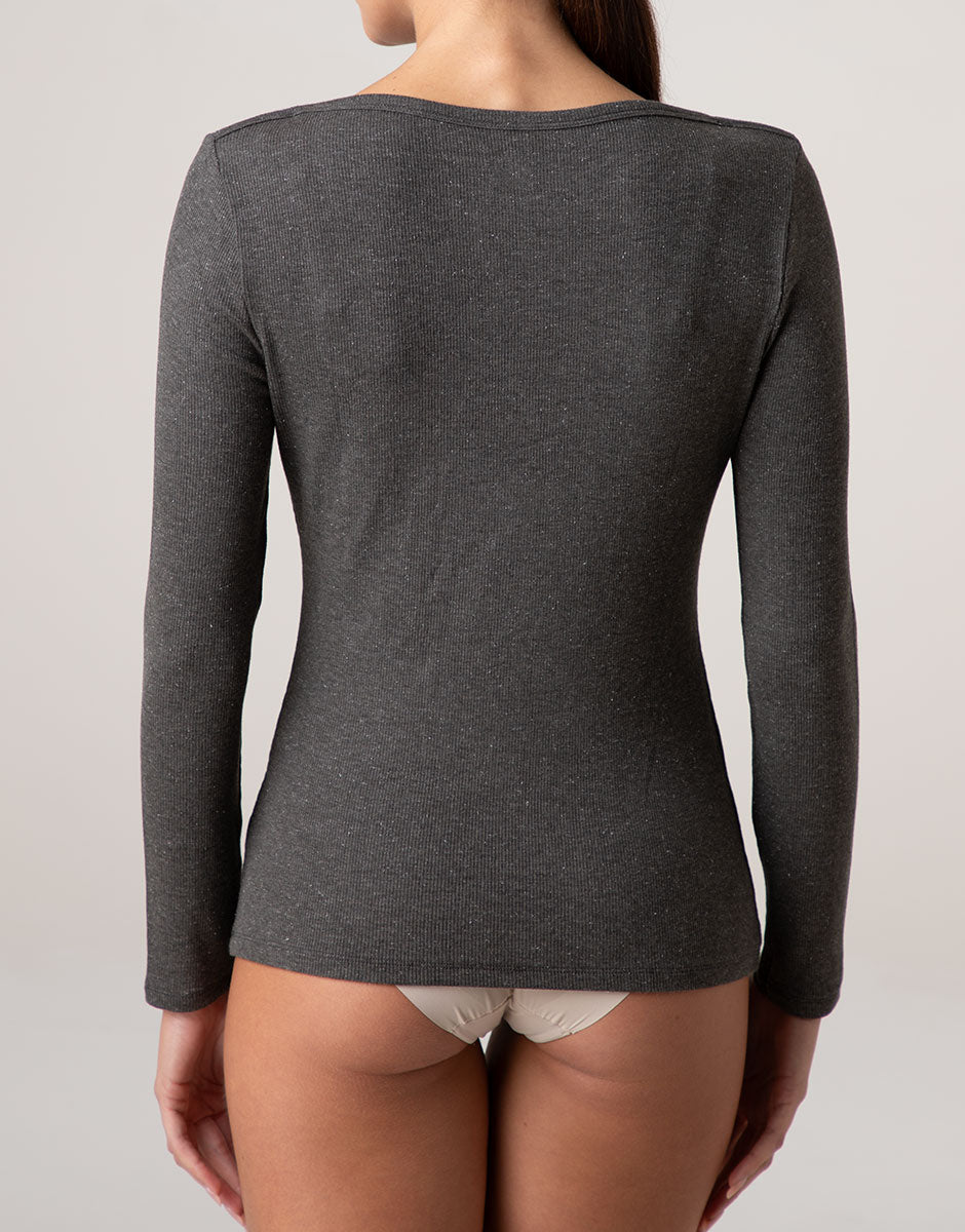 Lovable Rib Glimmering Modal maglia manica lunga barchetta grigio fumo