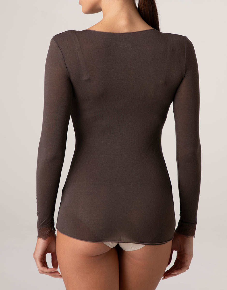 Lovable Ultralight and Warm maglia cioccolato scollo V pizzo