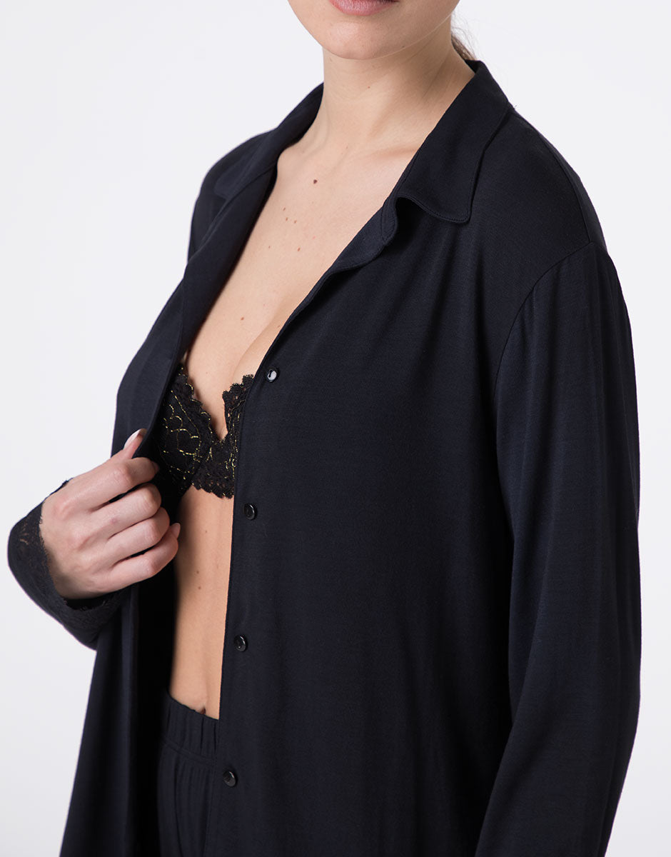 Lovable Elegant Modal pigiama lungo aperto nero con pizzo