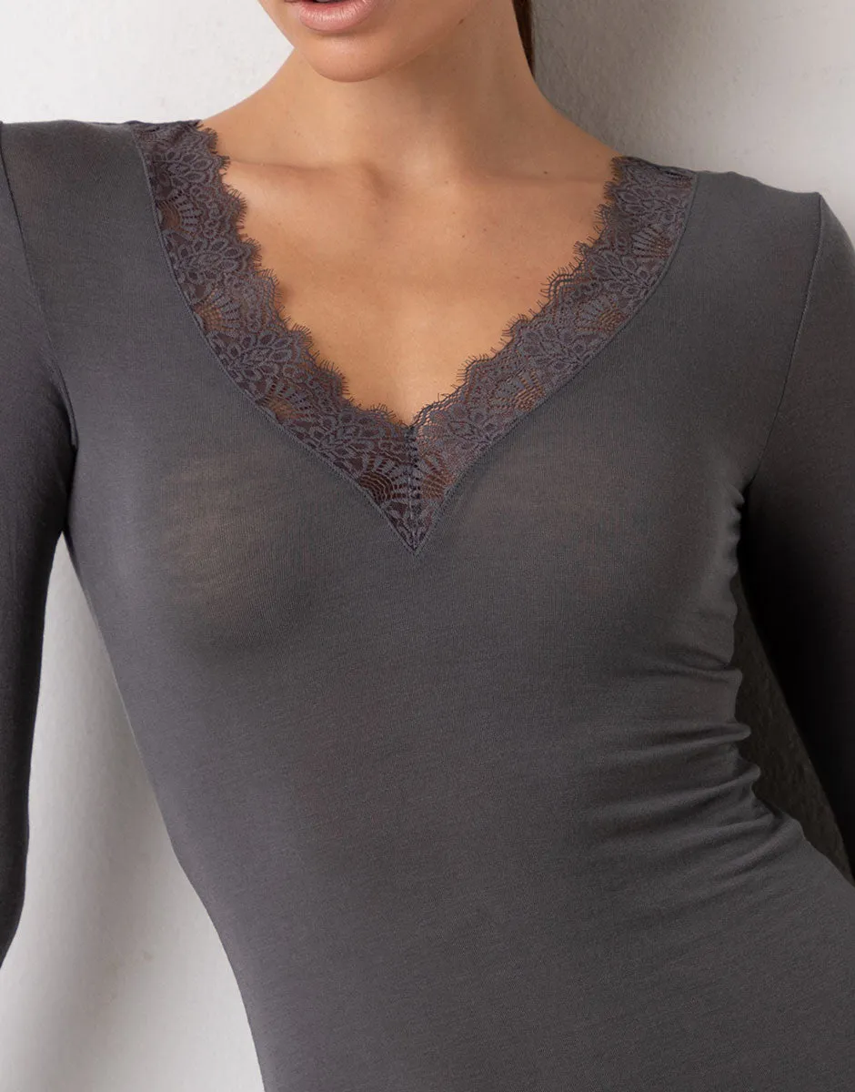 Lovable Ultralight and Warm Maglia Scollo V Grigio Pizzo