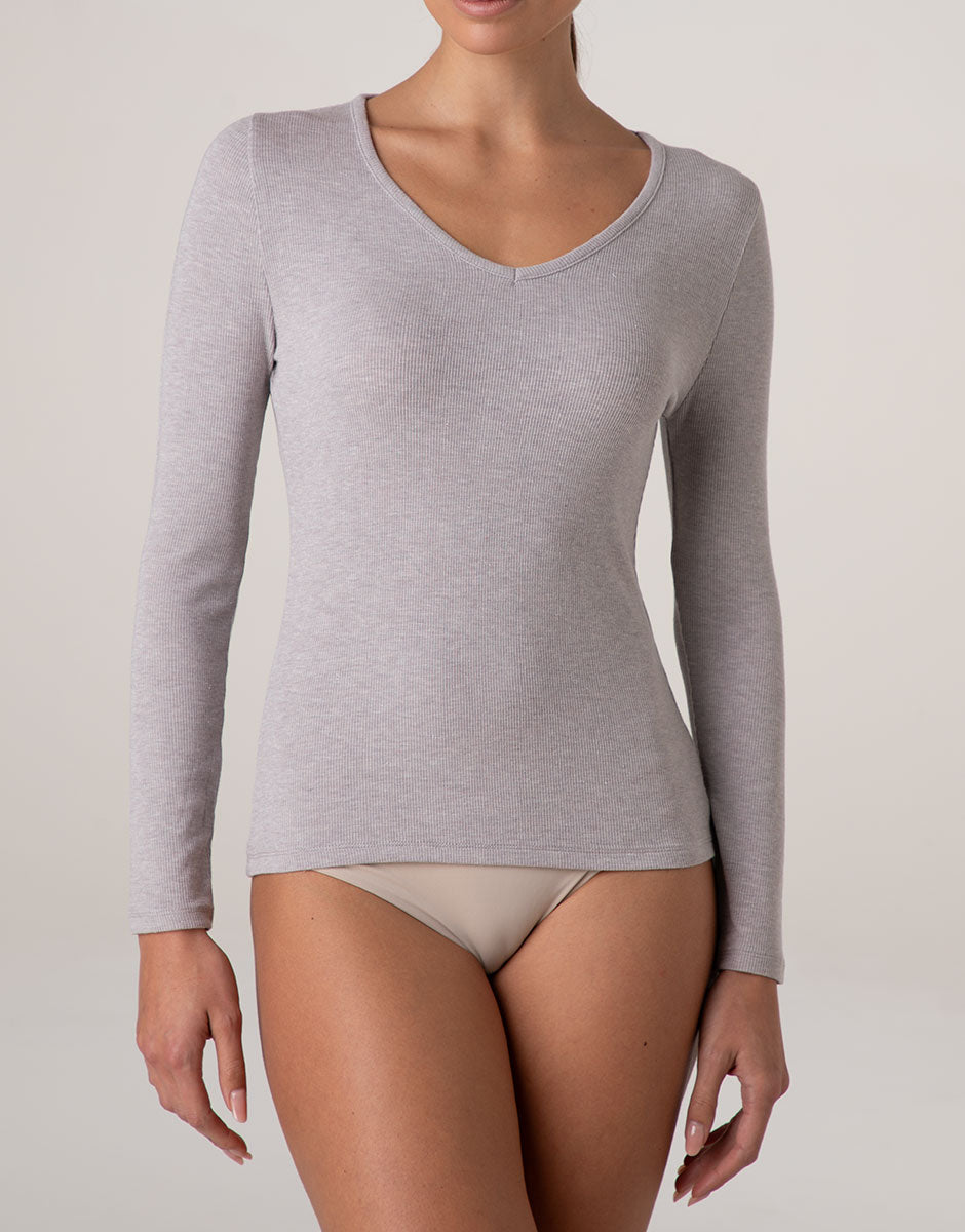 Lovable Rib Glimmering Modal maglia scollo V grigio melange