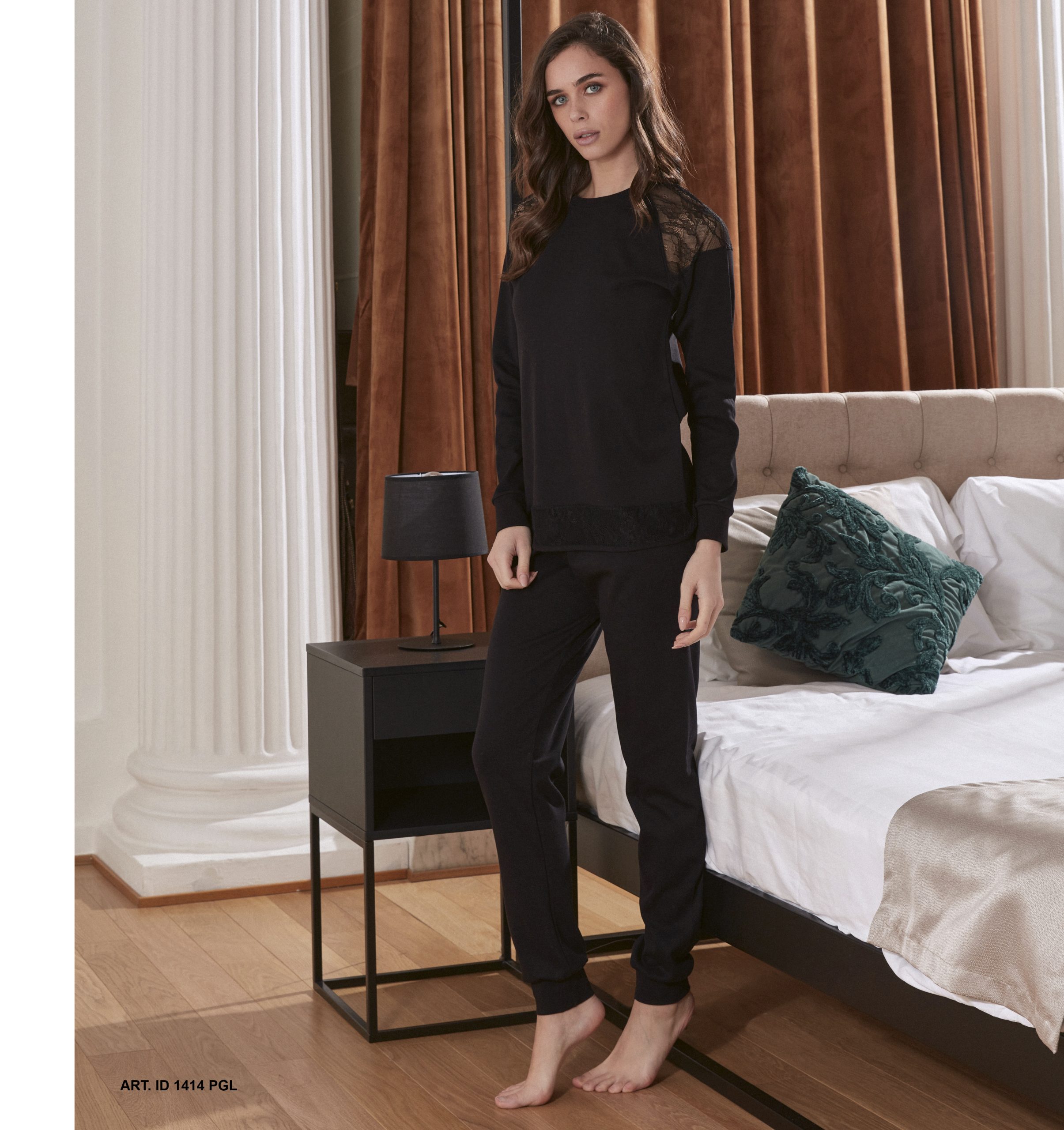 Intimami pigiama donna lungo interlock nero con laize