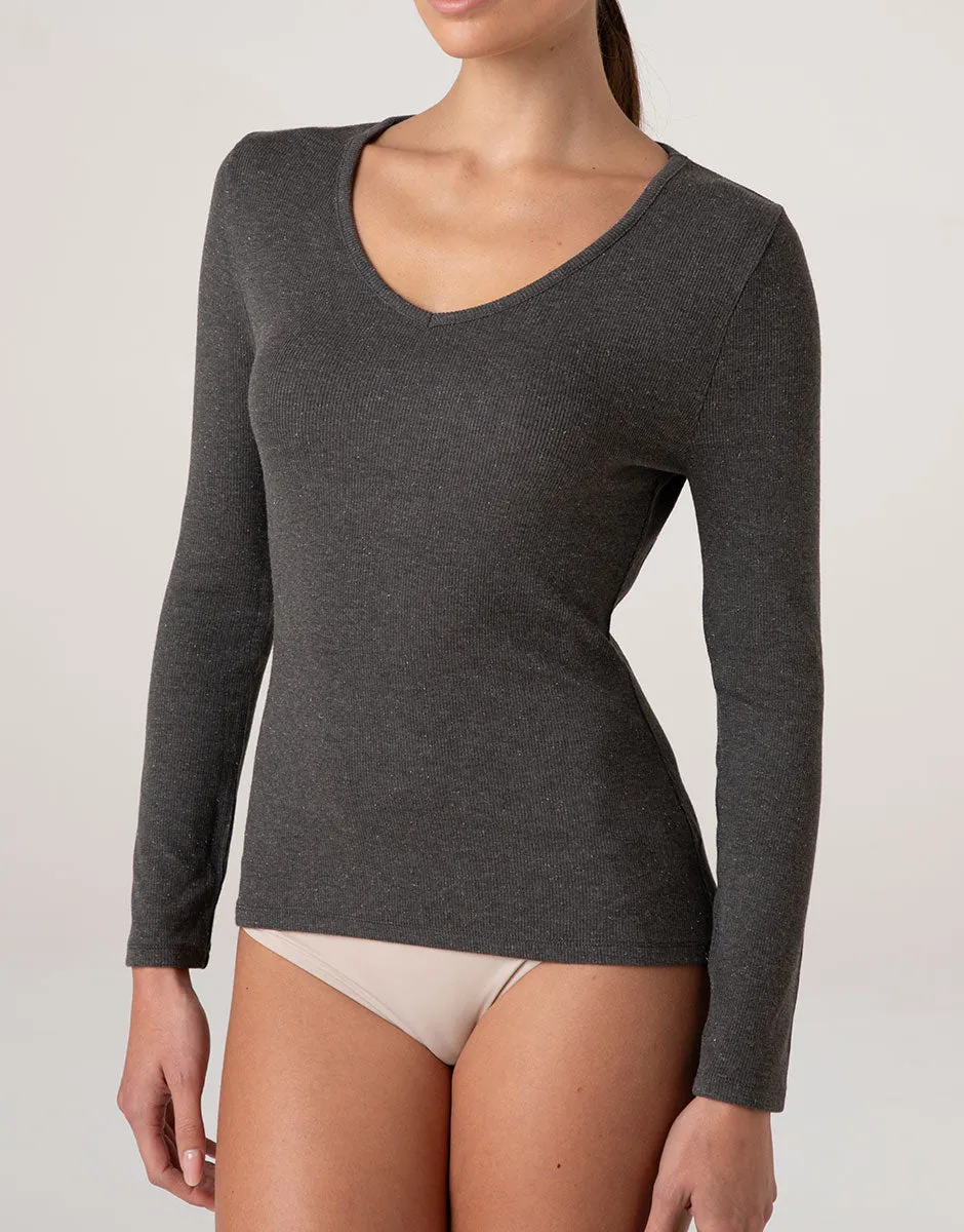 Lovable Rib Glimmering Modal Maglia V Grigio Fumo Melange