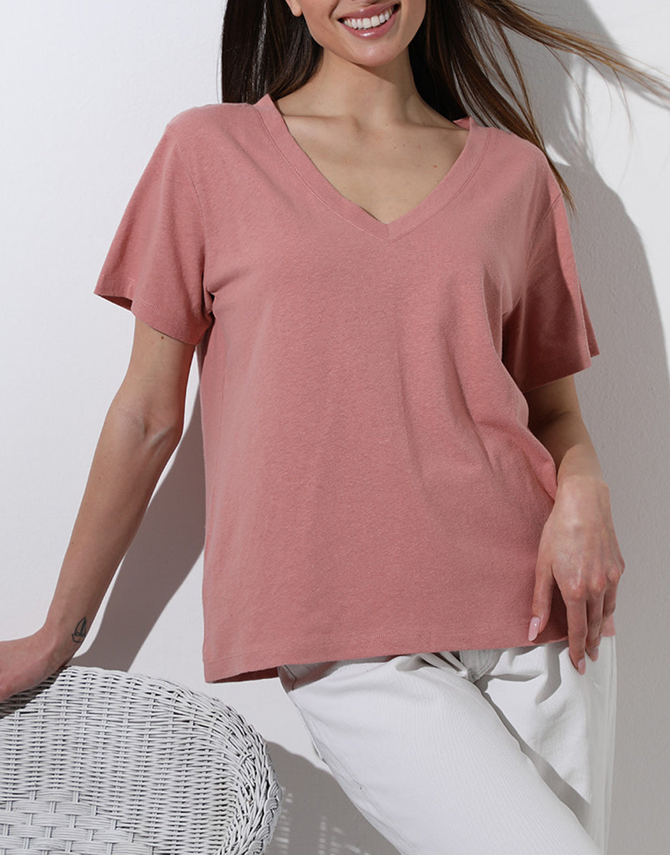Lovable Cotton Linen Maglia Manica Corta Scollo a V rosa polvere