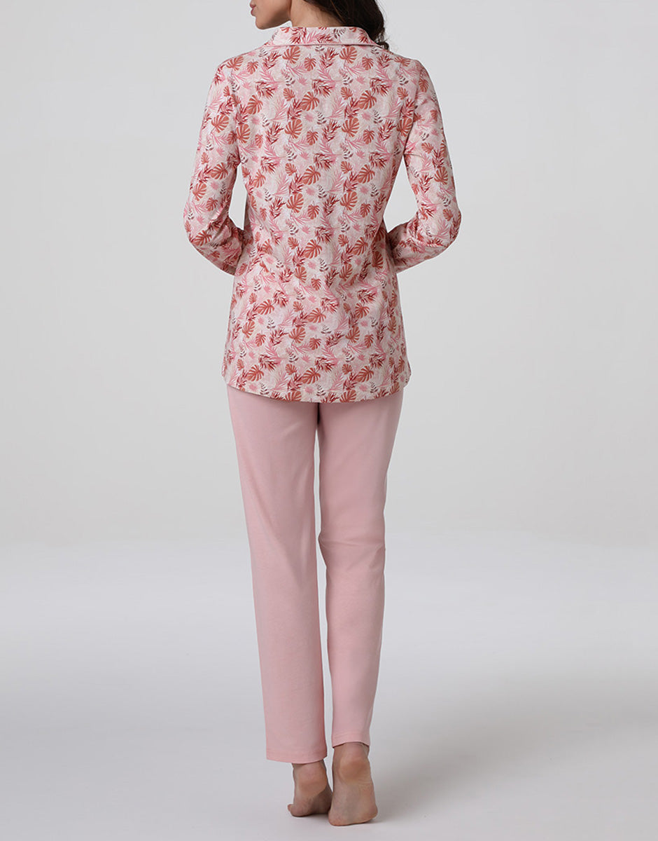 Lovable pigiama lungo aperto jersey rosa polvere stampato cotone