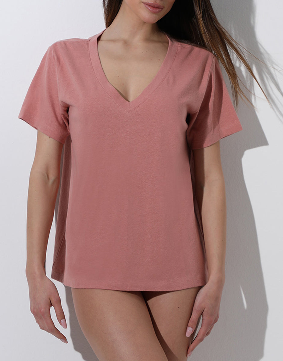 Lovable Cotton Linen Maglia Manica Corta Scollo a V rosa polvere