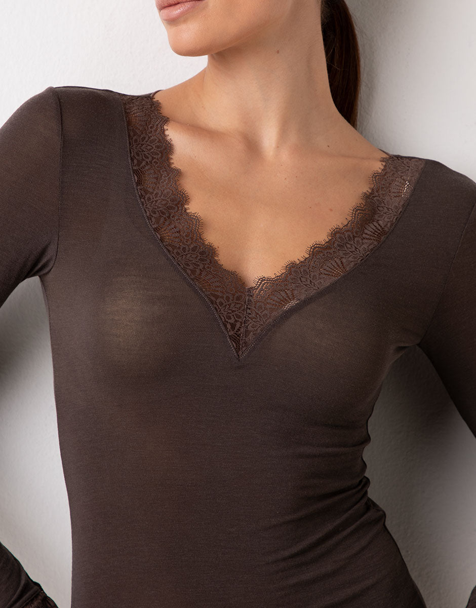 Lovable Ultralight and Warm maglia cioccolato scollo V pizzo