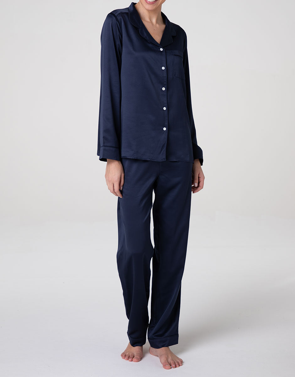 Lovable pigiama lungo satin blu navy aperto con bottoni