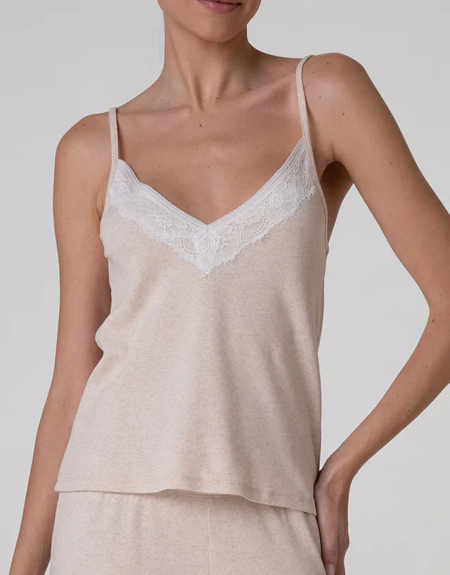 Lovable top spalline cotone a costine beige melange scollo pizzo