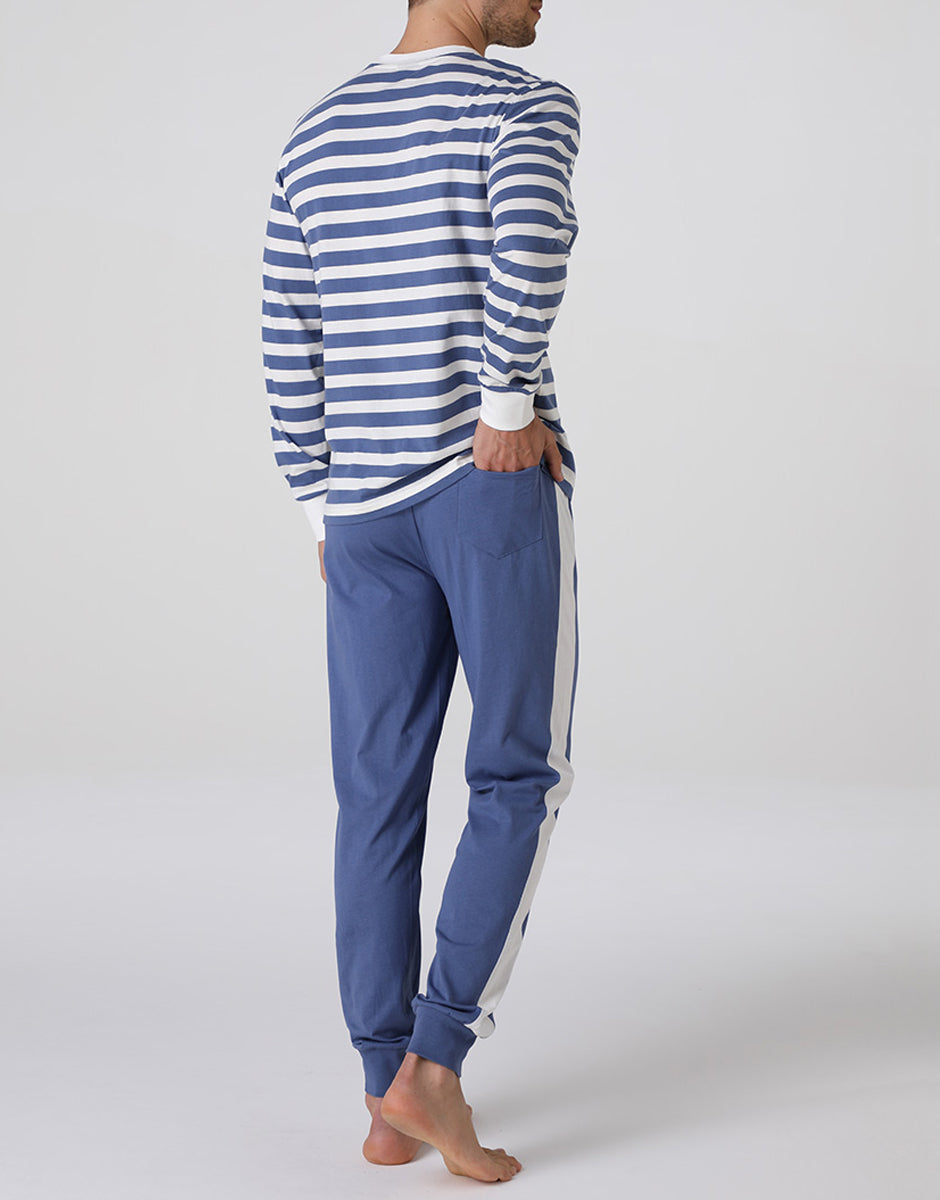 Lovable Man pigiama lungo girocollo jersey righe avorio blu