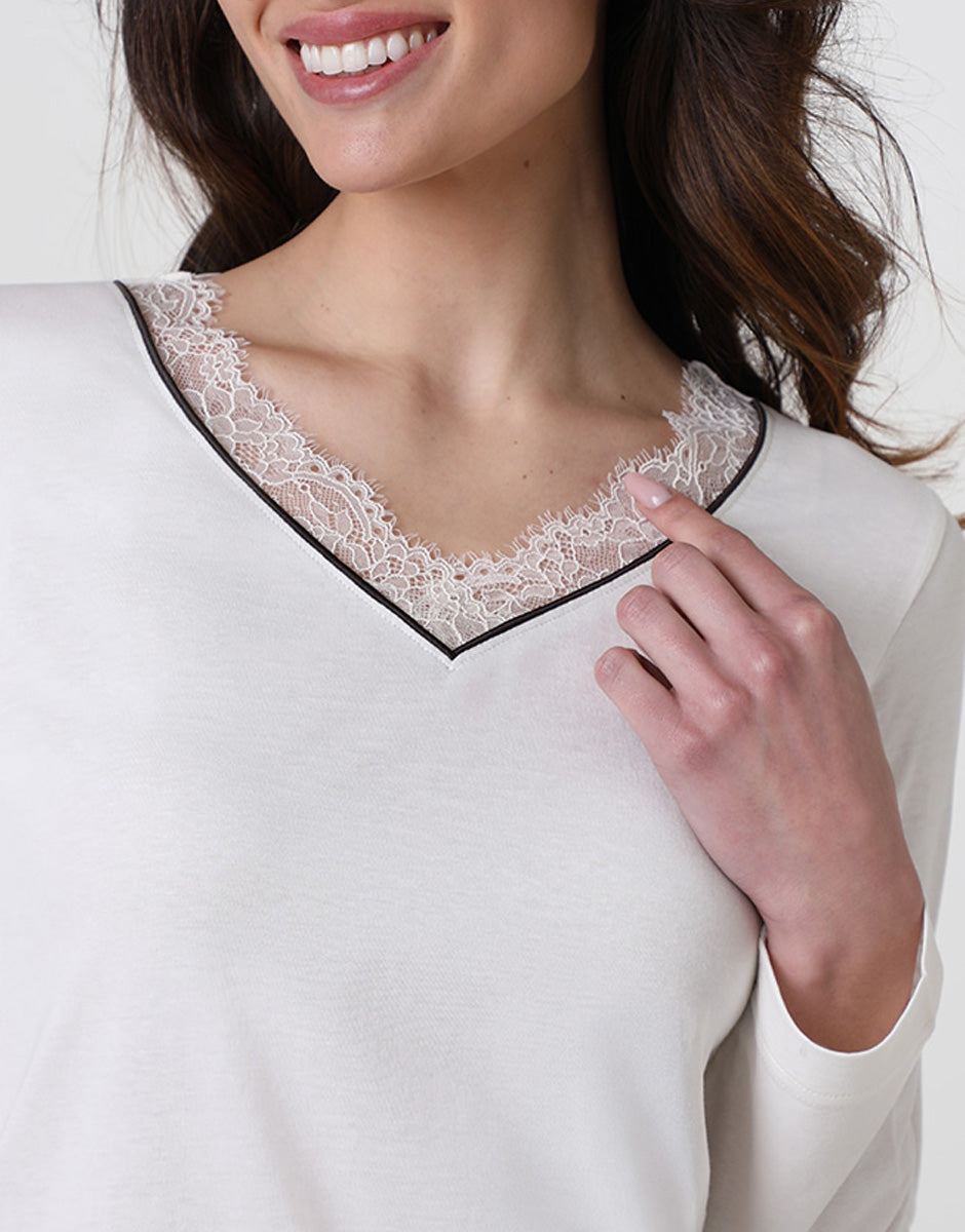 Lovable Lifewear Scollo a V pigiama lungo bianco latte modal
