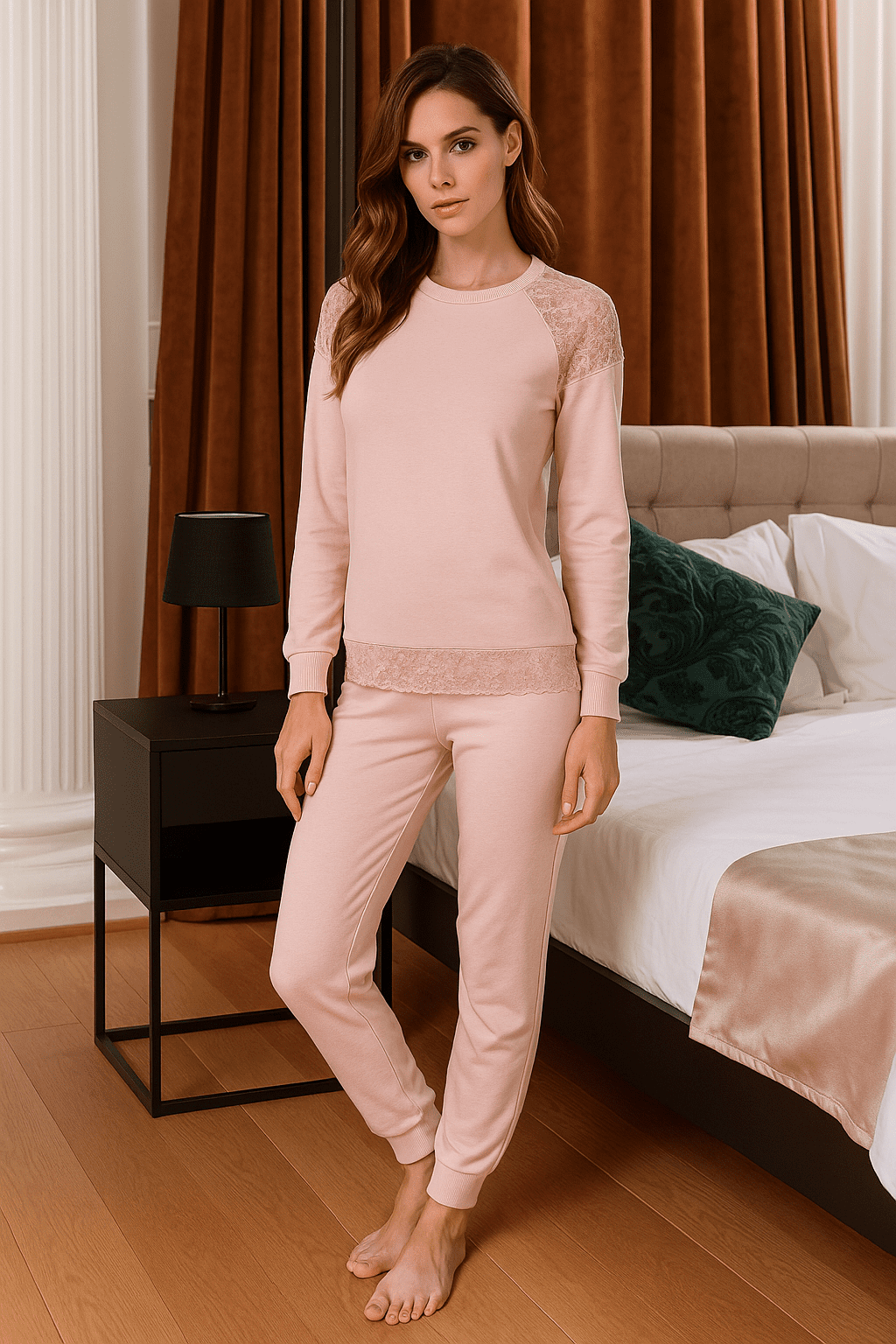 Intimami pigiama donna lungo interlock nero con laize