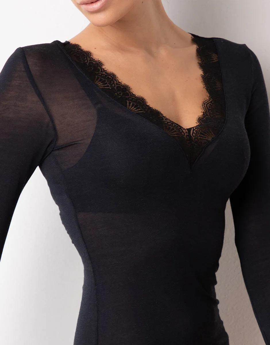 Lovable Ultralight and Warm maglia scollo V nero pizzo