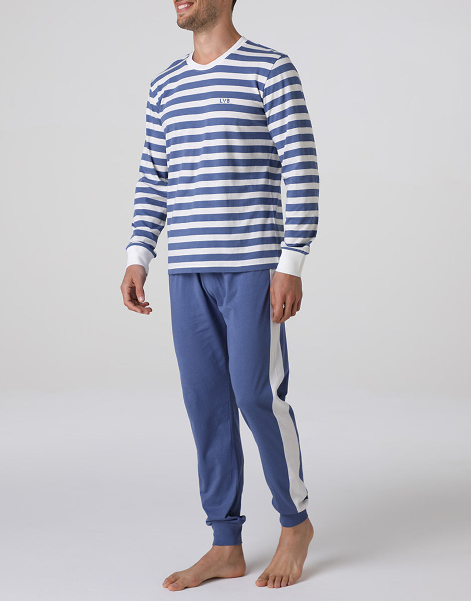 Lovable Man pigiama lungo girocollo jersey righe avorio blu