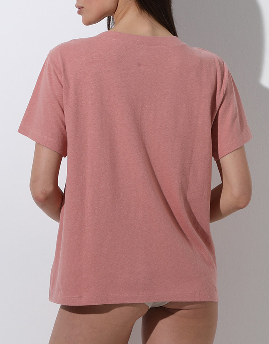 Lovable Cotton Linen Maglia Manica Corta Scollo a V rosa polvere