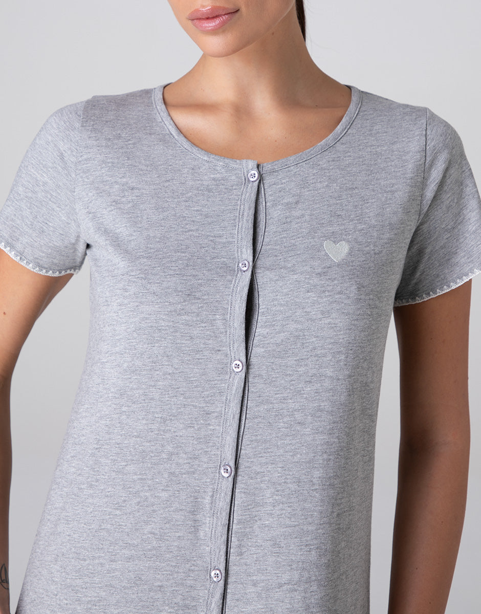 Lovable camicia da notte aperta jersey grigio melange bottoni cotone