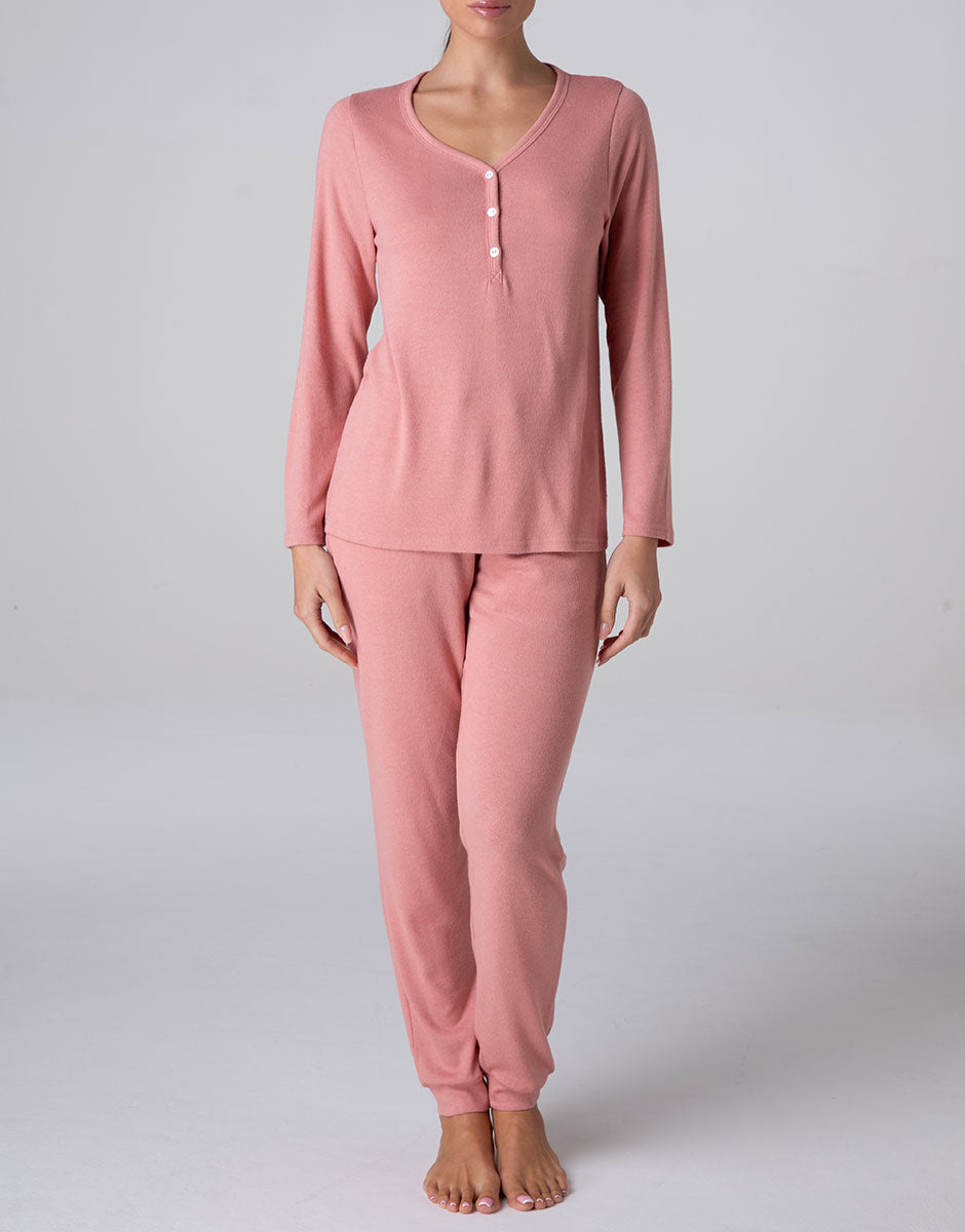Lovable Warm Fluffy pigiama lungo serafino rosa terracotta fluffy